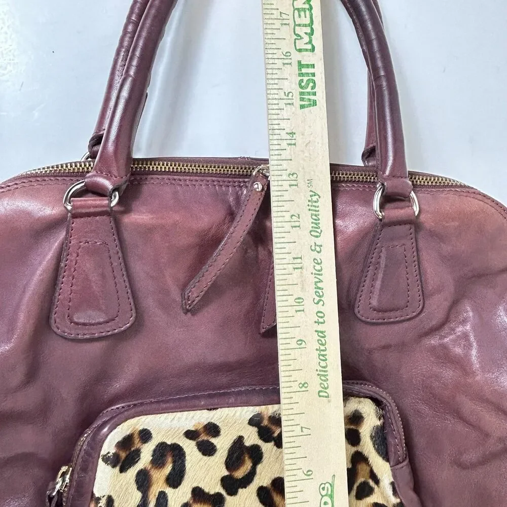 Rosella D Burgundy Leather Animal Print Calf Hair Large Satchel Shoulder Bag